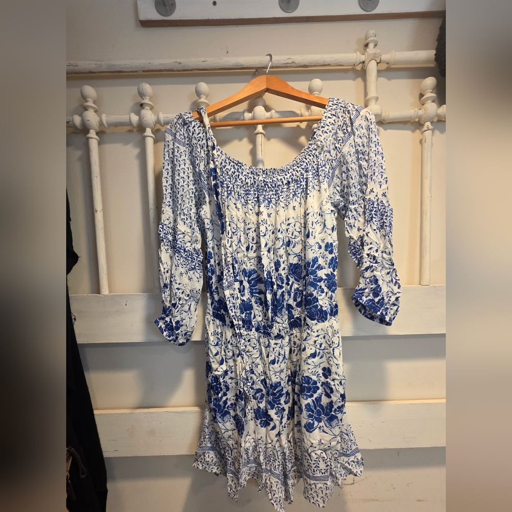 ANTHROPOLOGIE Clemente Floral Blue and White Off-Shoulder Dress Romper - Picture 4 of 5